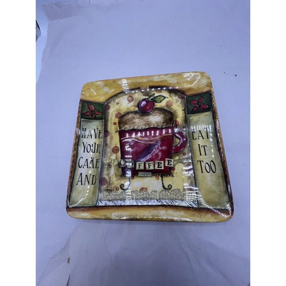 Certified International CeramicSquare Plate Coffee Cup RedBlack Beige